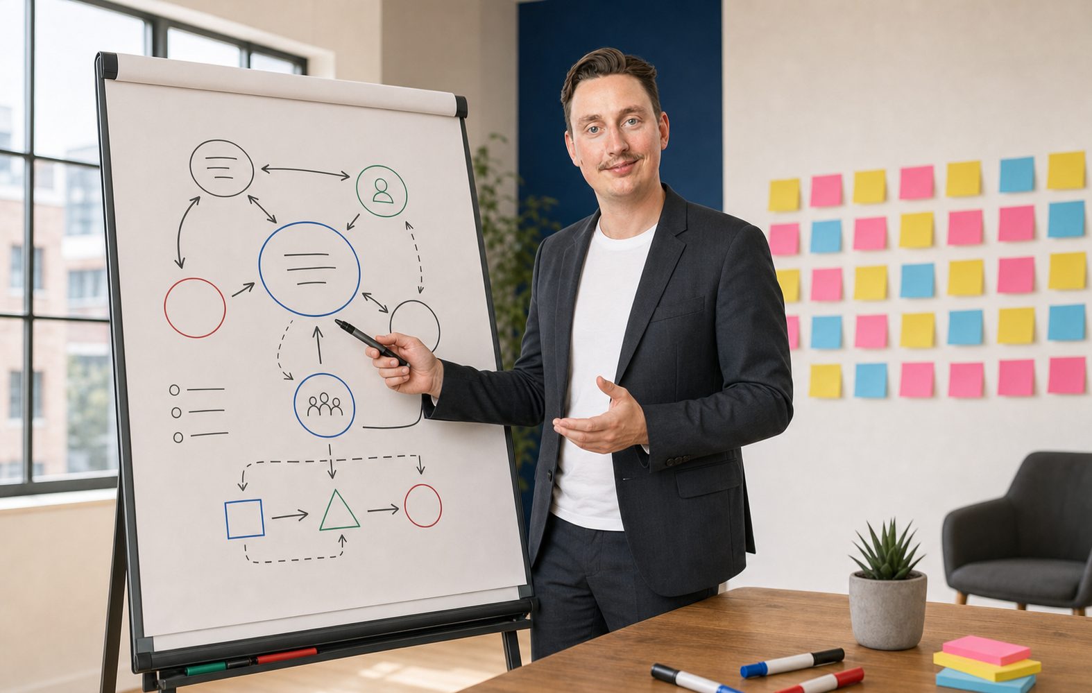 Flipchart mit handgezeichnetem Scrum-Framework, Post-Its in einem Kanban-Board und Marker auf einem Workshop-Tisch in einem hellen Trainingsraum