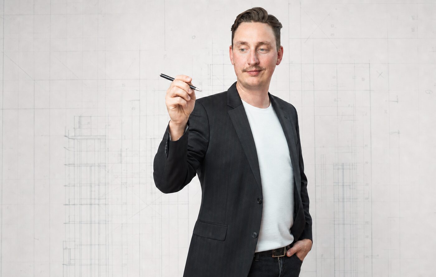 Jason Textor mit Stift in der Hand vor einer Wand mit technischen Architektur-Skizzen
