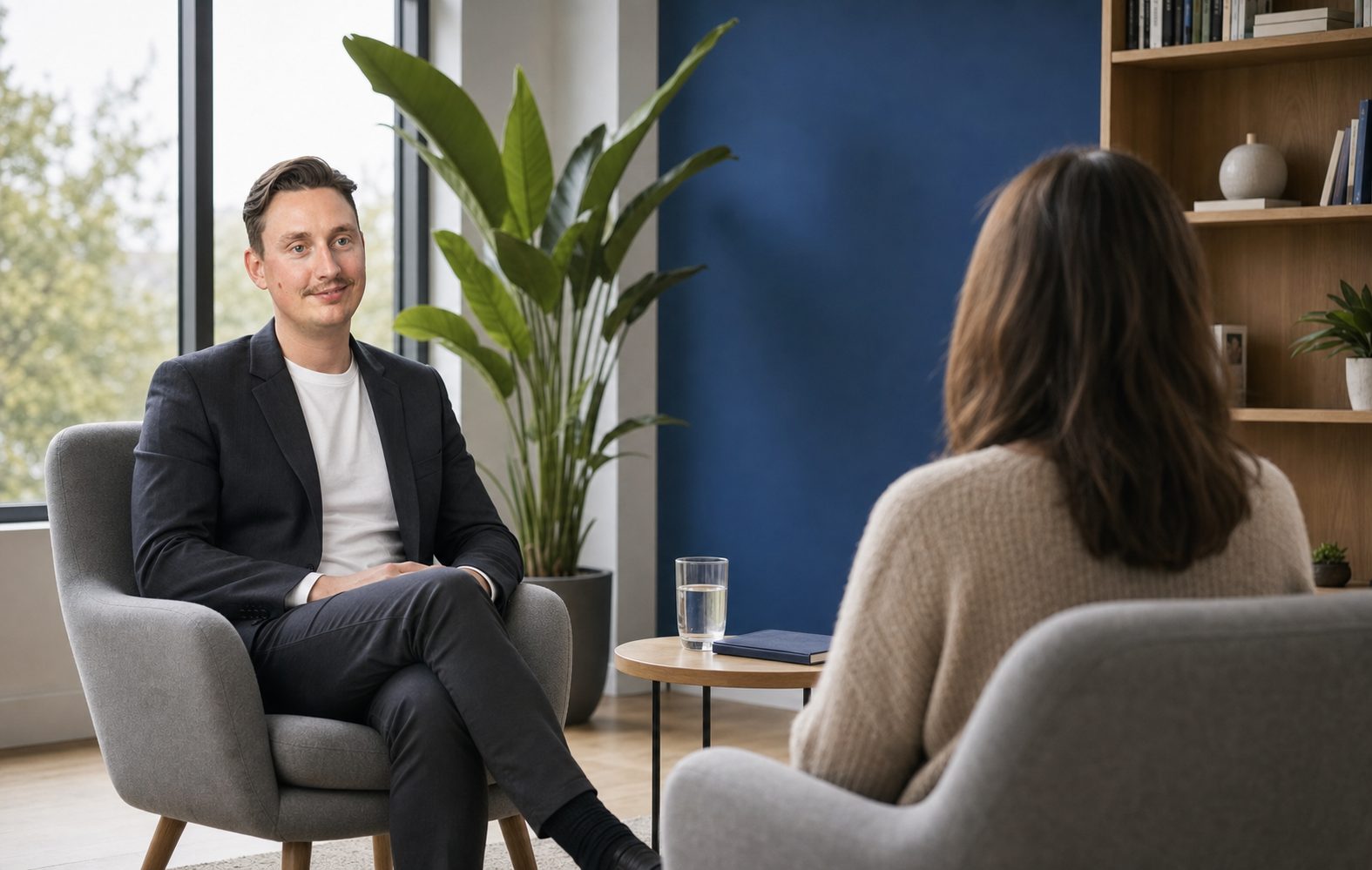 Ruhiger Coaching-Raum mit zwei einander zugewandten Sesseln, viel Tageslicht und einer Akzentwand in Architekten-Blau
