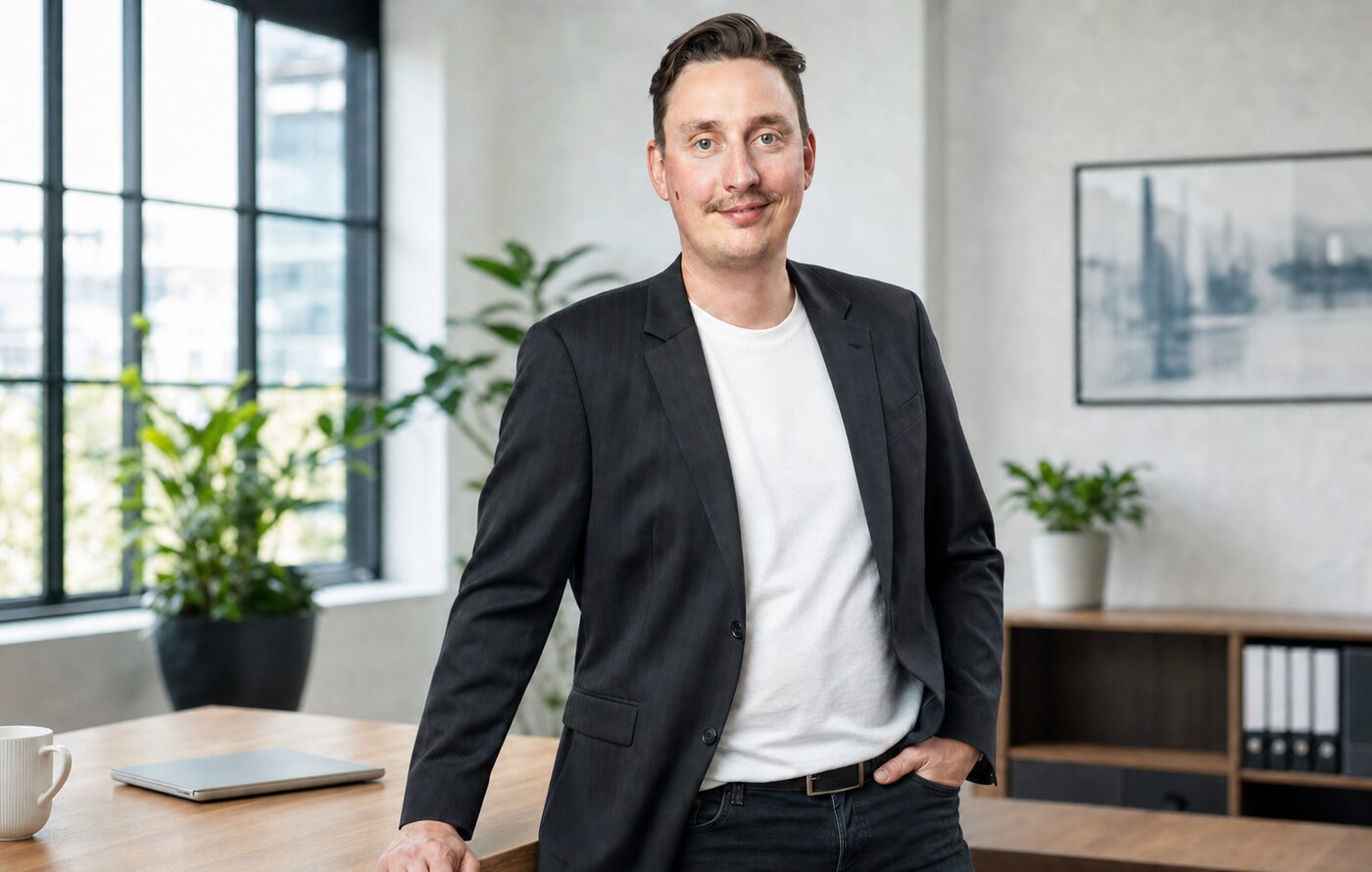 Jason Textor in seinem Büro, freundlich lächelnd
